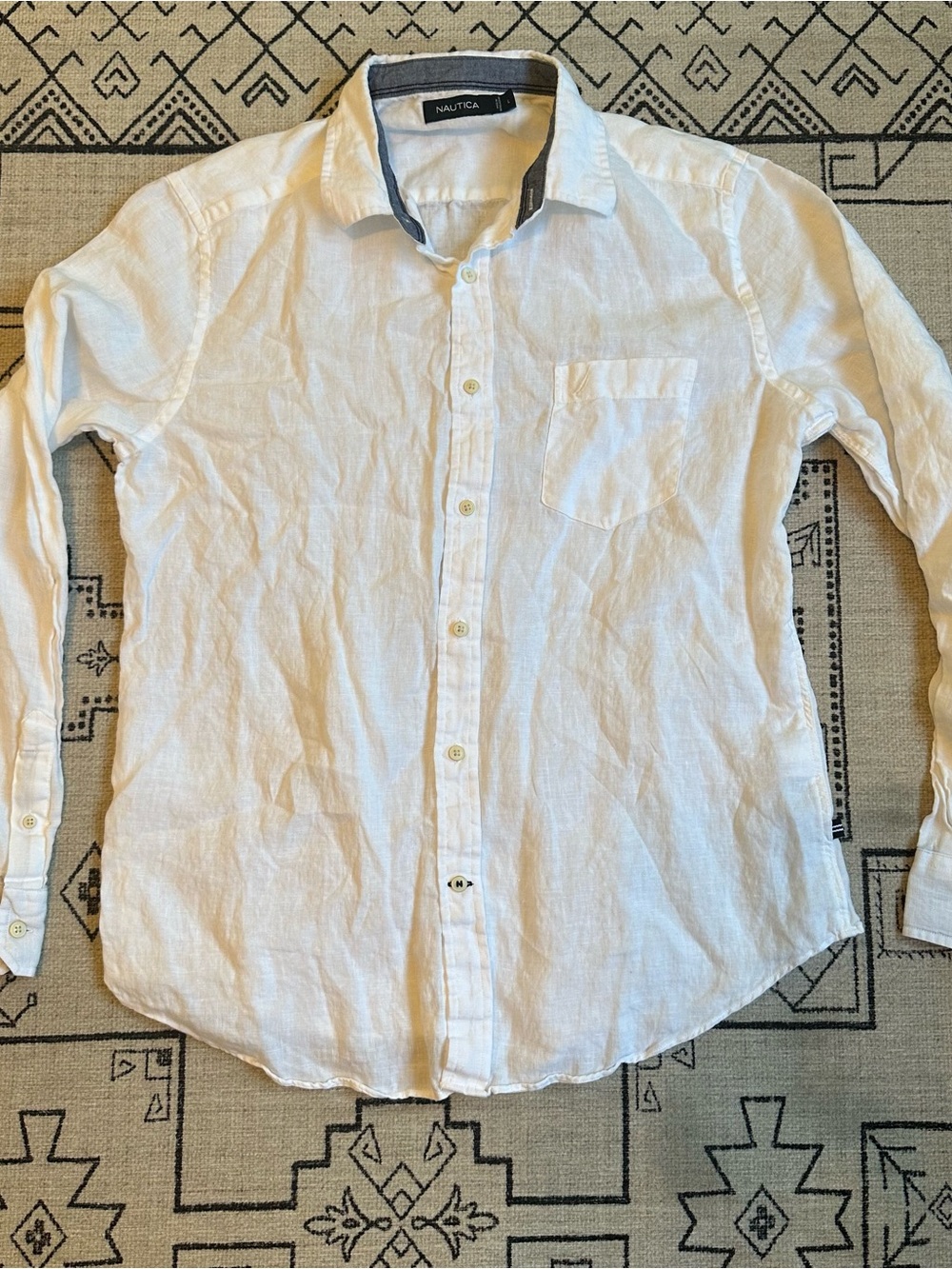 Nautica Men's White Linen Button-Down Shirt with Contrast Collar
